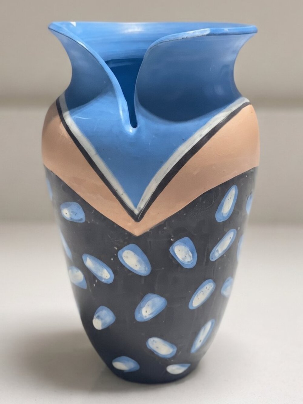 Signed Atiwaha Native American Art Pottery Vase Blue Beige Modern 8”